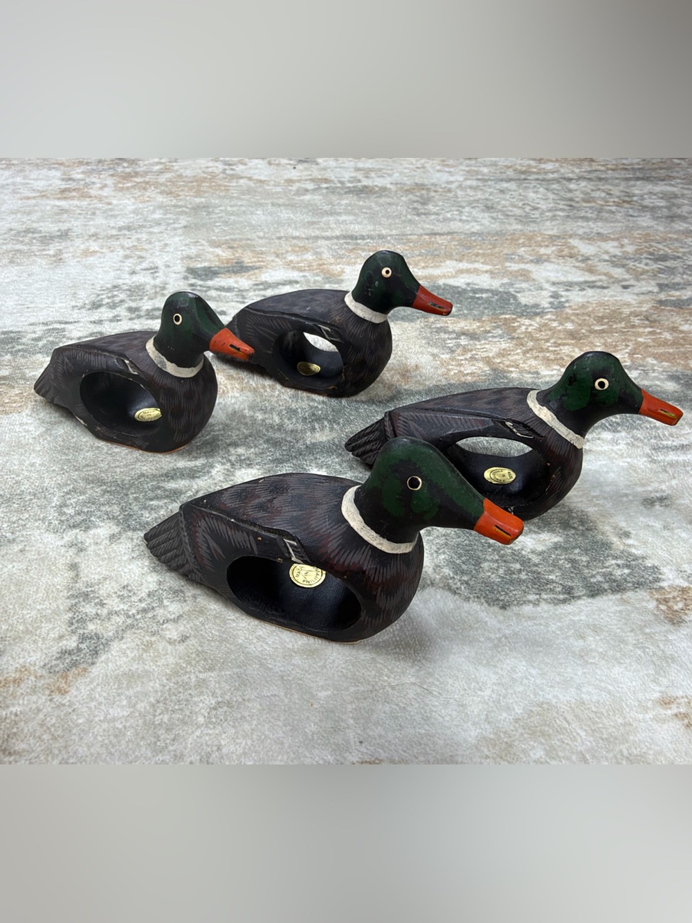 Vintage Hand Carved Wooden Mallard Duck Napkin Holders Set of 4 Philippines